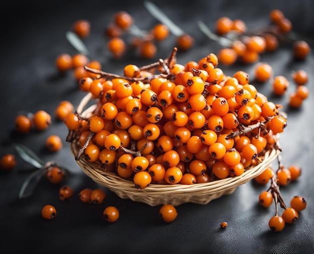 Ripe appetizing sea buckthorn berries in an overflowing basket