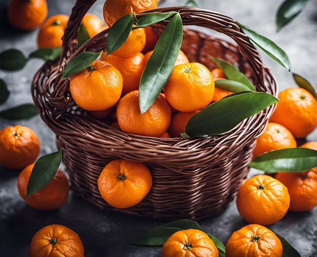 Ripe appetizing tangerine fruits in an overflowing basket