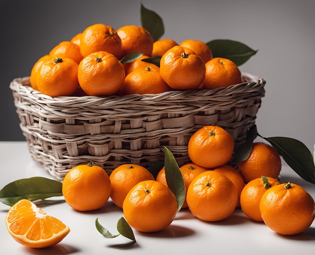 Ripe appetizing tangerine fruits in an overflowing basket