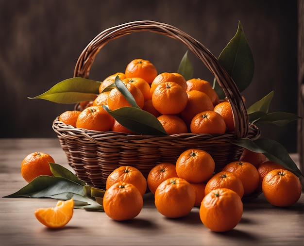 Ripe appetizing tangerine fruits in an overflowing basket