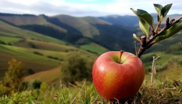 Foto mela matura sul ramo di un albero verde nel prato rurale fresco generato dall'ia