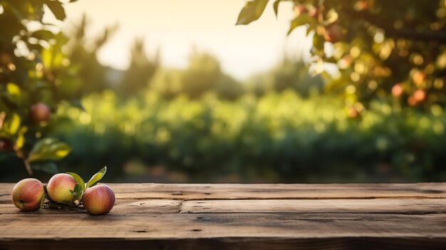 Ripe apples are kept on old wooden surface with copy space Generative AI