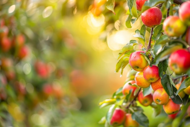 Ripe apples hanging on a tree in an apple orchard