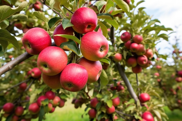 有機農場の木にぶら下がっている熟したリンゴ