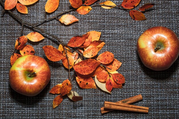 Ripe autumn apples on a background of orange leaves