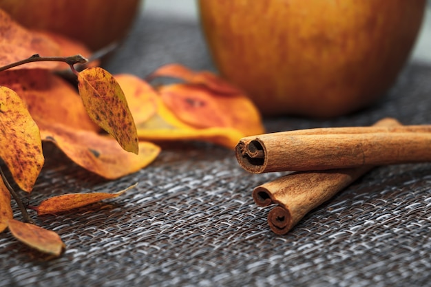 Спелые осенние яблоки на фоне оранжевых листьев