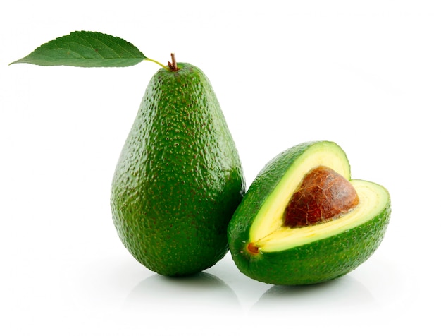 Ripe Avocado With Green Leaf Isolated on White