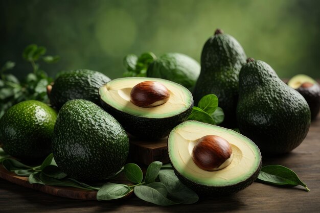 Ripe avocados presented on a rustic wooden table with fresh leaves and a green textured background