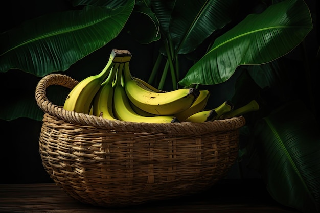 Ripe banana in basket surrounded by leaves generative IA