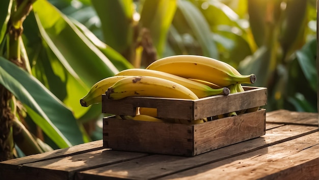 ripe banana in a wooden box in nature