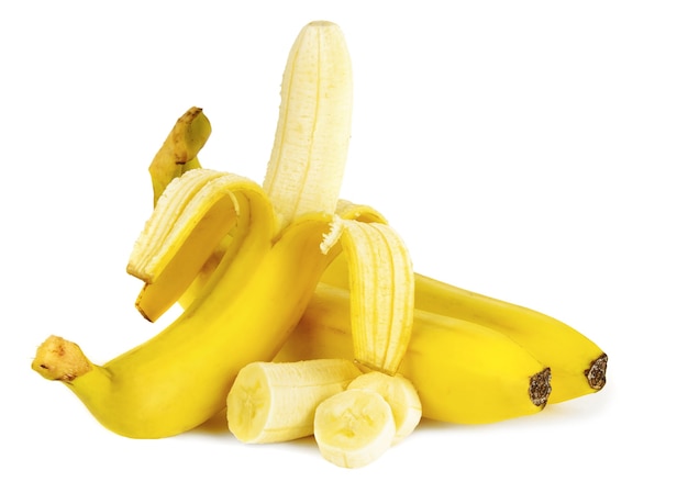 白い背景で隔離の熟したバナナ。健康食品