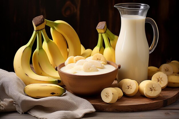 Photo ripe bananas with milk on wooden