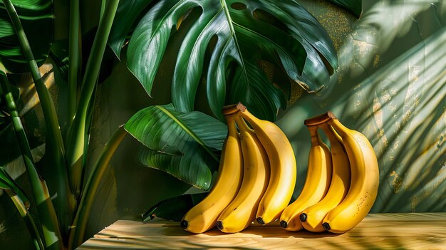 Ripe bananas on a wooden surface tropical background AI generated