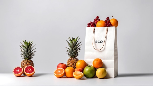 Photo ripe beautiful tasty organic fruits in paper bags on the table