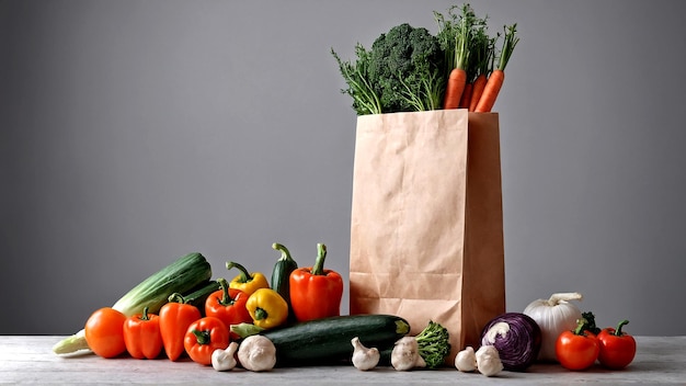 Ripe beautiful tasty organic vegetables and herbs in paper bags