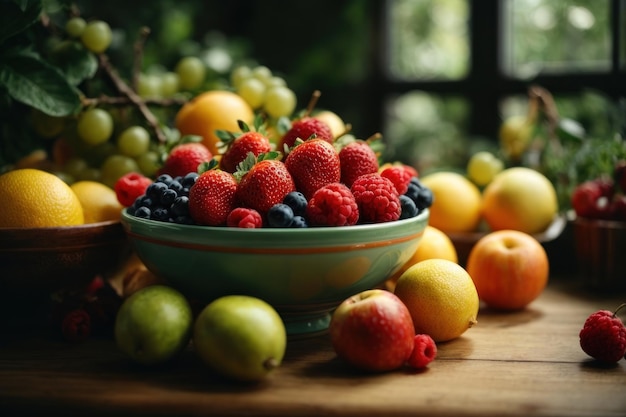 ripe berries in bowl on table