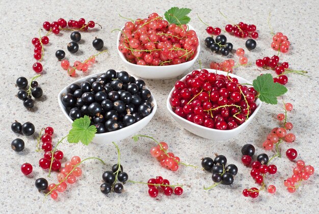 Ripe berries of pink, black and red currants in plates and a\
mixture of berries on a bright table.