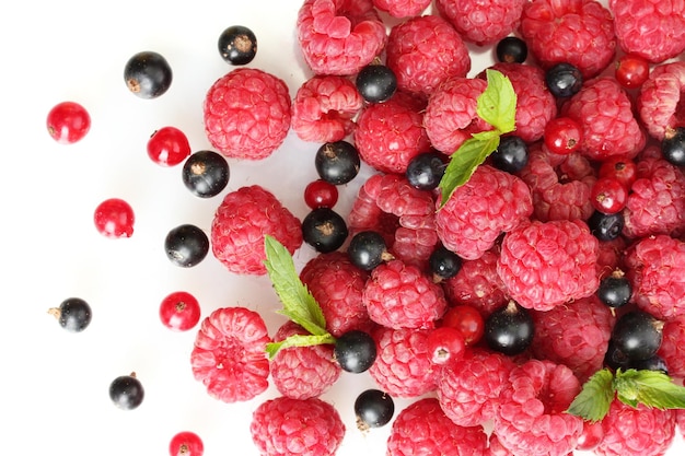 Ripe berries with mint isolated on white