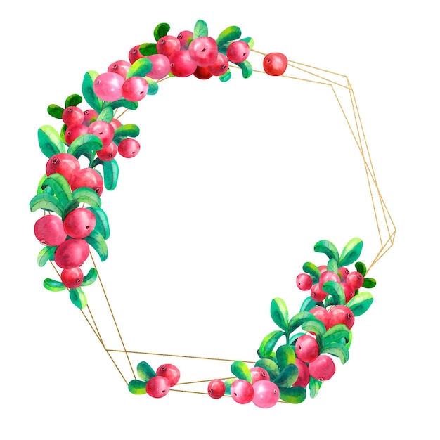 Спелая ягода брусники на белом фоне изолирована Золотая геометрическая рамка Акварельная иллюстрация