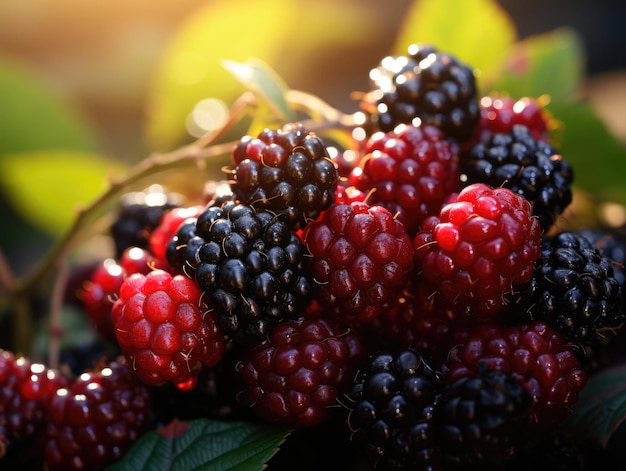 Ripe blackberries and raspberries on a branch with leaves