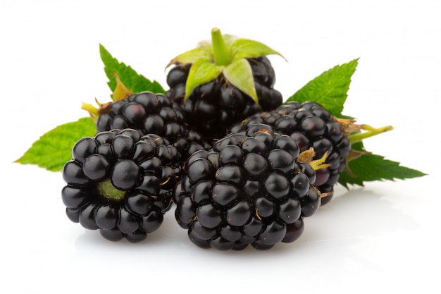 Ripe blackberries with green leaves isolated on white