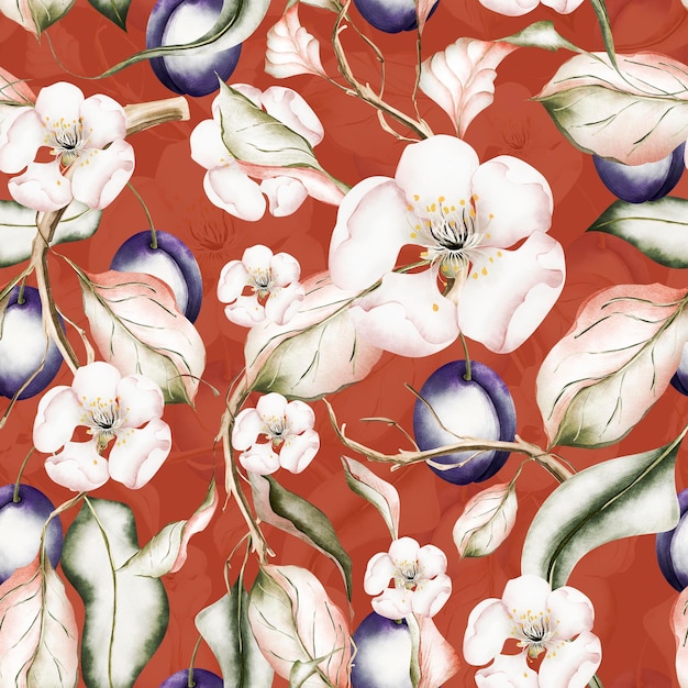 Photo ripe blue plums among the blooming garden vintage watercolor seamless pattern red