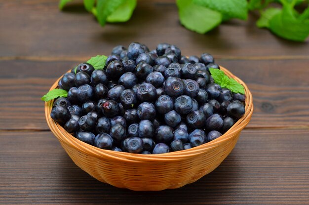 Ripe blueberries in a basket close up