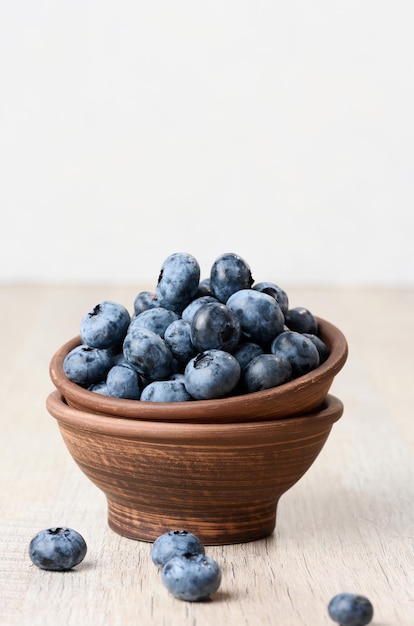 Ripe blueberries in a bowl on the table healthy and tasty berry