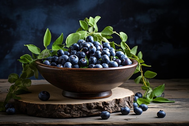 Ripe blueberry in a wooden bowl on a rustic wooden table