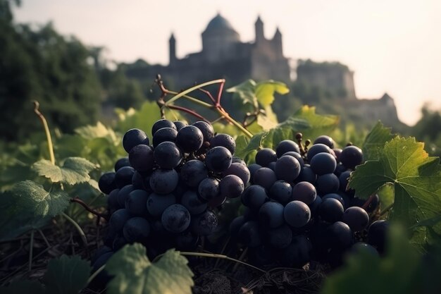 Ripe bunches of grapes in vineyards near a medieval castle AI