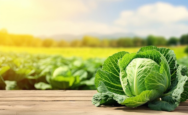 Ripe cabbage on the wooden table with the field on background