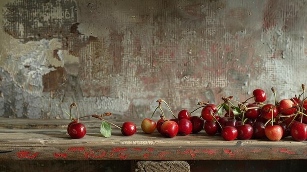 Photo ripe cherries are placed on a wooden table