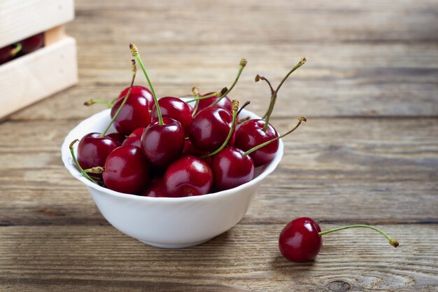 Ripe cherries in bowl closeup