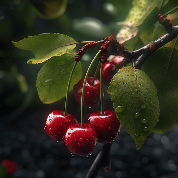 Ripe cherries on a branch with water drops on a dark background