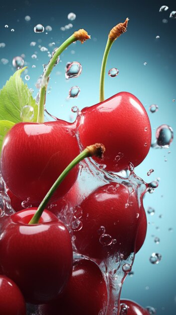 Ripe cherries getting splashed with water creating a refreshing and vibrant scene