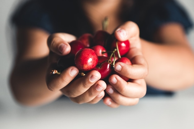 Ripe cherries in hands . vegan, eco, farm product, organic food