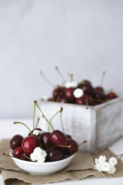 Ripe cherries on the kitchen table