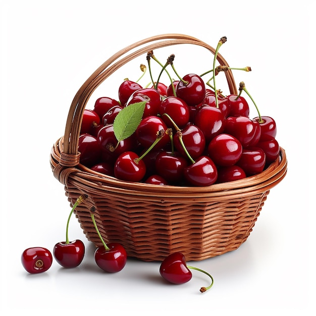 Ripe cherries in wicker basket on wooden table with with sunshine blurred natural background
