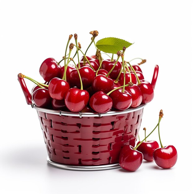 Ripe cherries in wicker basket on wooden table with with sunshine blurred natural background