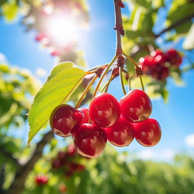 Ripe cherries in wicker basket on wooden table with with sunshine blurred natural background