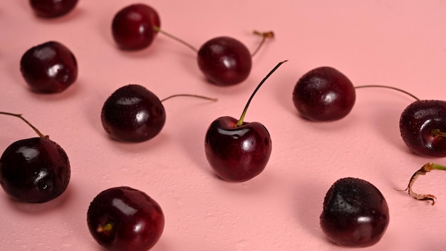 Ripe cherries with stalks on pink background