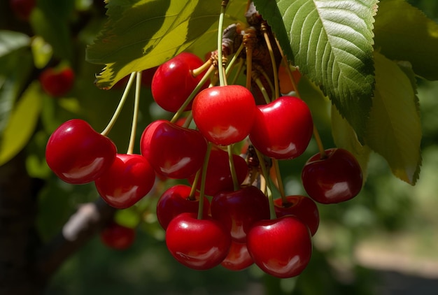 Ripe cherry hanging on branch tree Sweet red cherries with leaves in fruits garden Generate ai