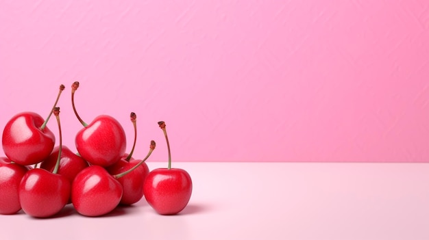 Ripe cherry mockup and copy space with a pink background Generative AI