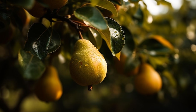 Ripe citrus fruit hangs on green branch generated by artificial intelligence