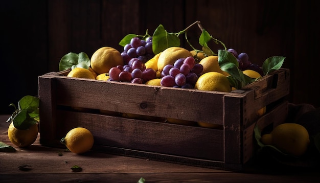 AI によって生成された木製のテーブルの新鮮さに満ちた熟した柑橘系の果物