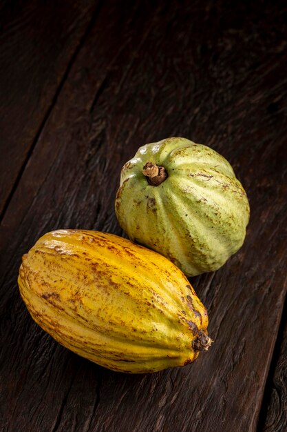 Ripe cocoa fruit on the table