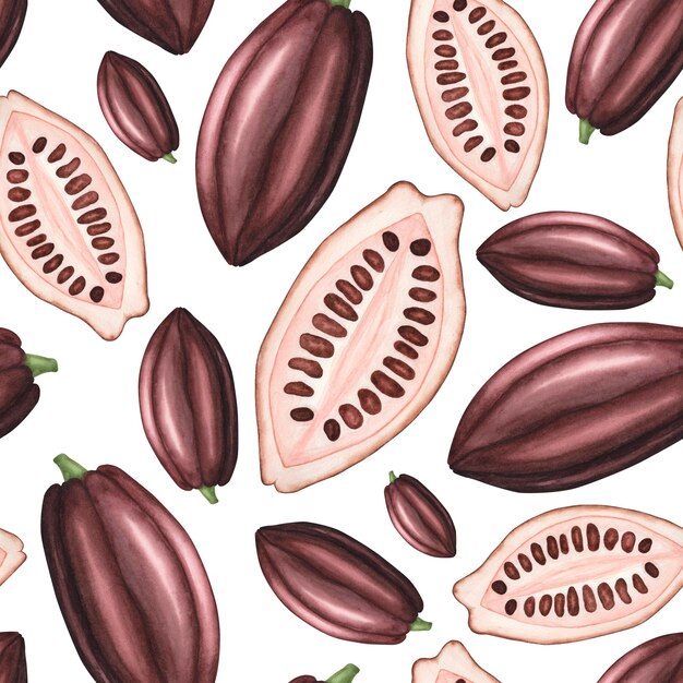 Ripe cocoa pod and beans seamless pattern on white Watercolor hand drawing illustration Art for decoration and design