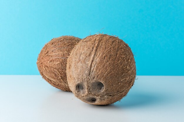 青い背景に熟したココナッツ