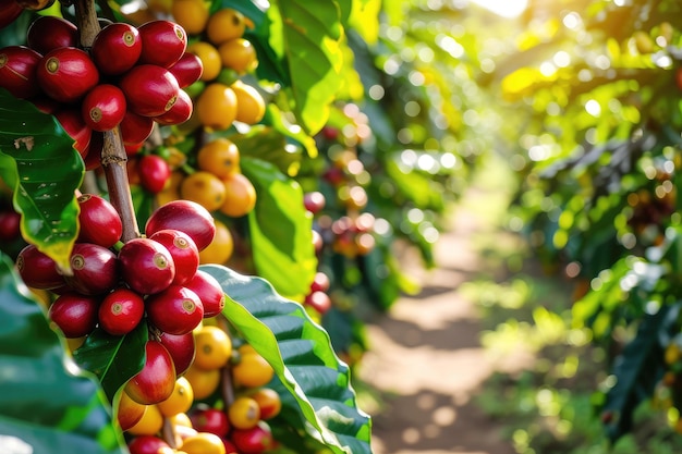 ripe coffee fruits on a tree at a coffee plantation closeup in sunlight copy space