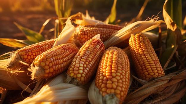 Ripe corn cobs in a harvested field during autumn day on a rural farm cornfield or corn plantation